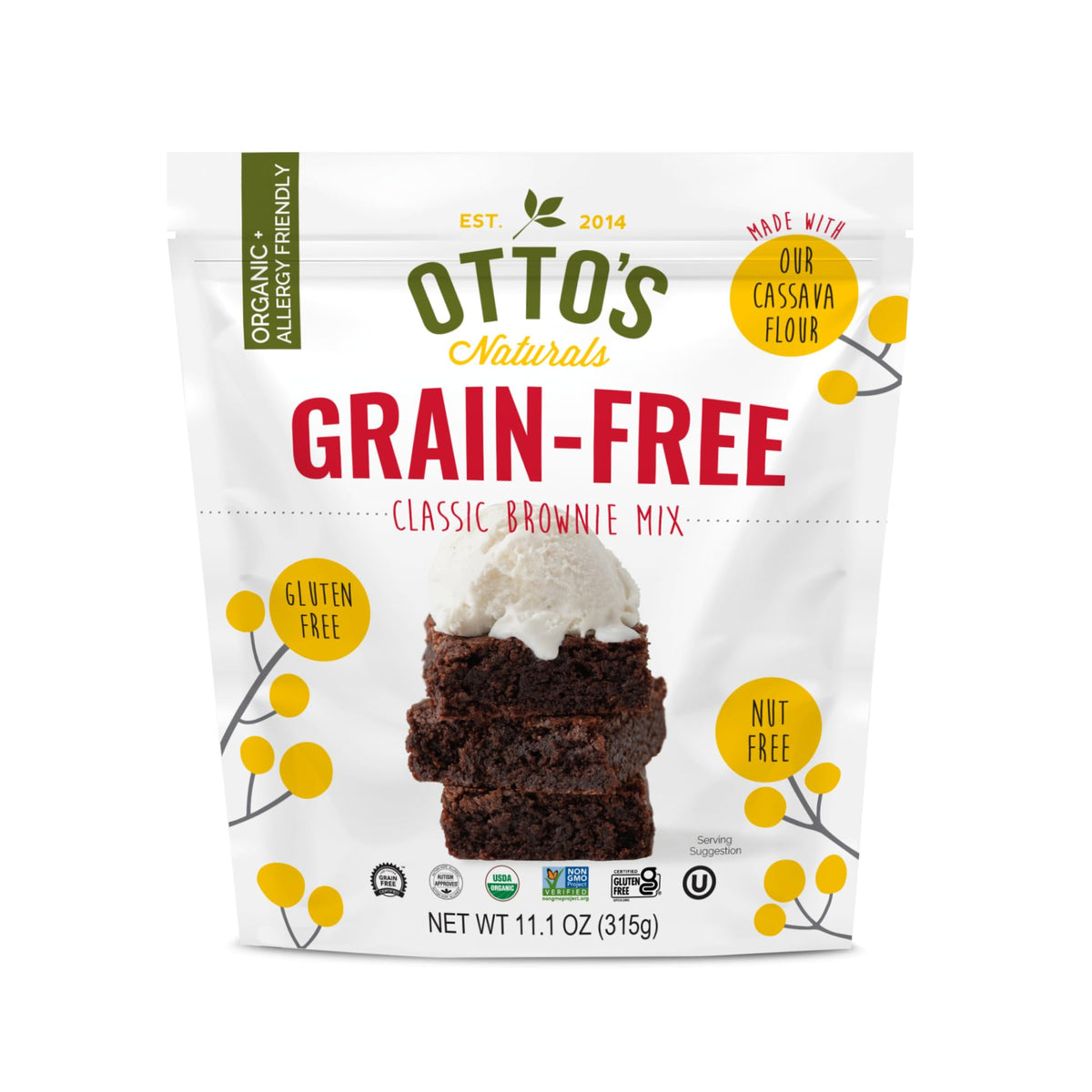 Otto's Naturals brownie mix pack shot highlighting allergen-free, grain-free base.