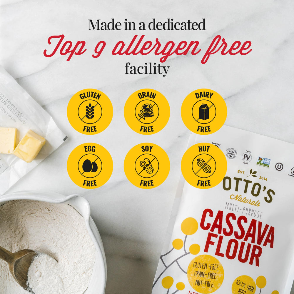 Measuring cups showing gram-for-gram substitution with Otto's cassava flour.