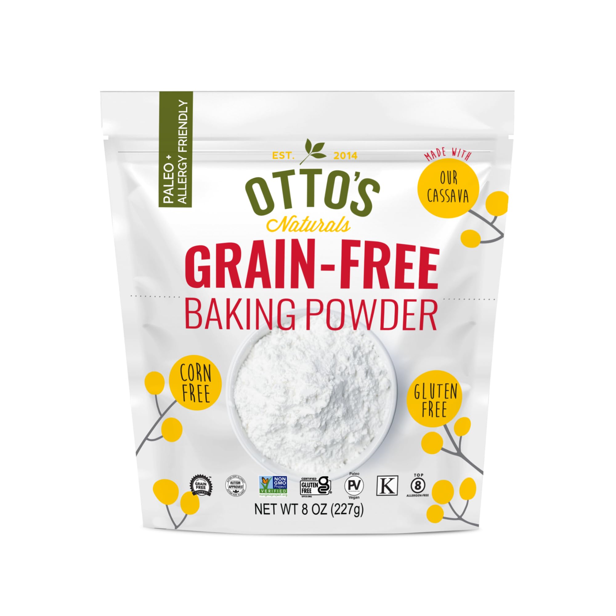 Otto's Naturals grain-free baking powder bottle for clean, allergen-friendly baking.