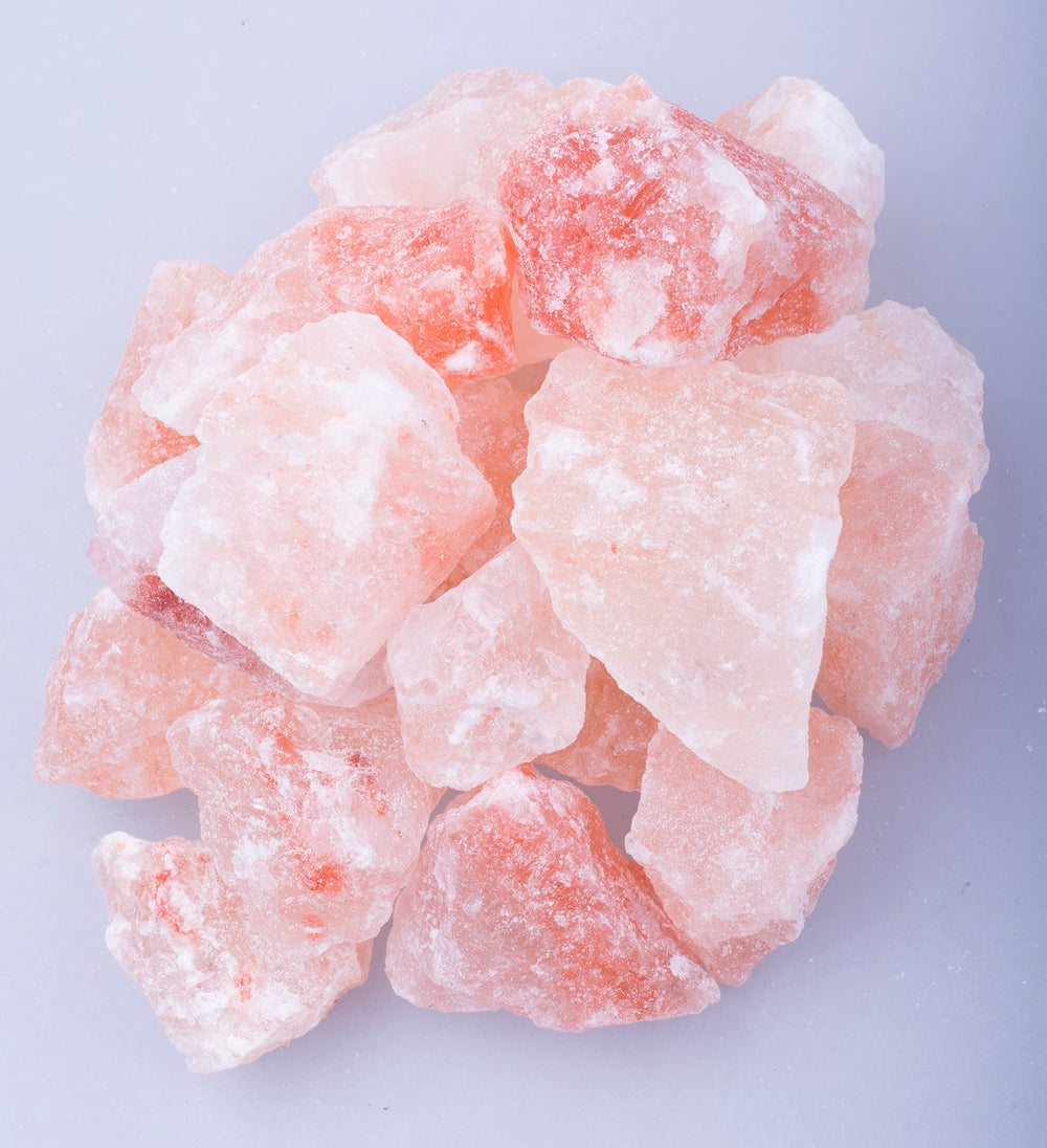 Close-up of pink to orange Himalayan salt chunks from OULLYY.
