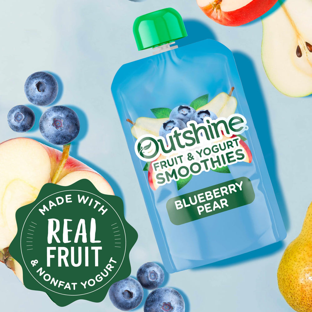 Outshine smoothie pouch shown with kids enjoying a quick, mess-free breakfast or snack