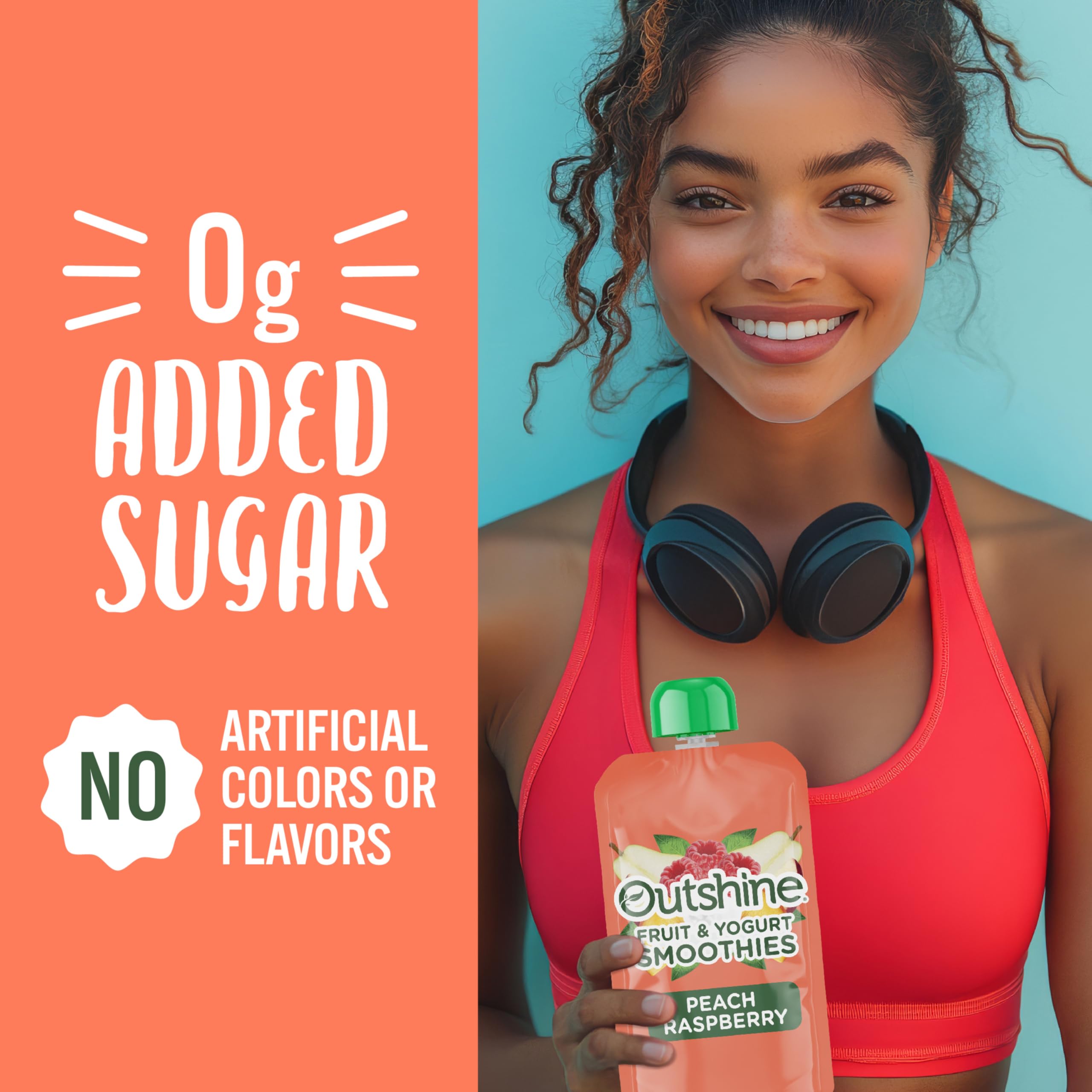 On-the-go convenience with Outshine Raspberry Peach smoothie pouch during a busy day.