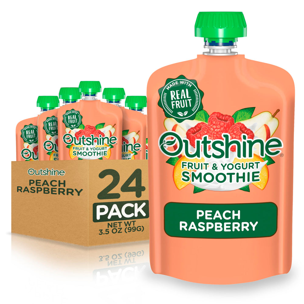 Outshine Raspberry Peach smoothie pouch on the go for a quick energy boost.
