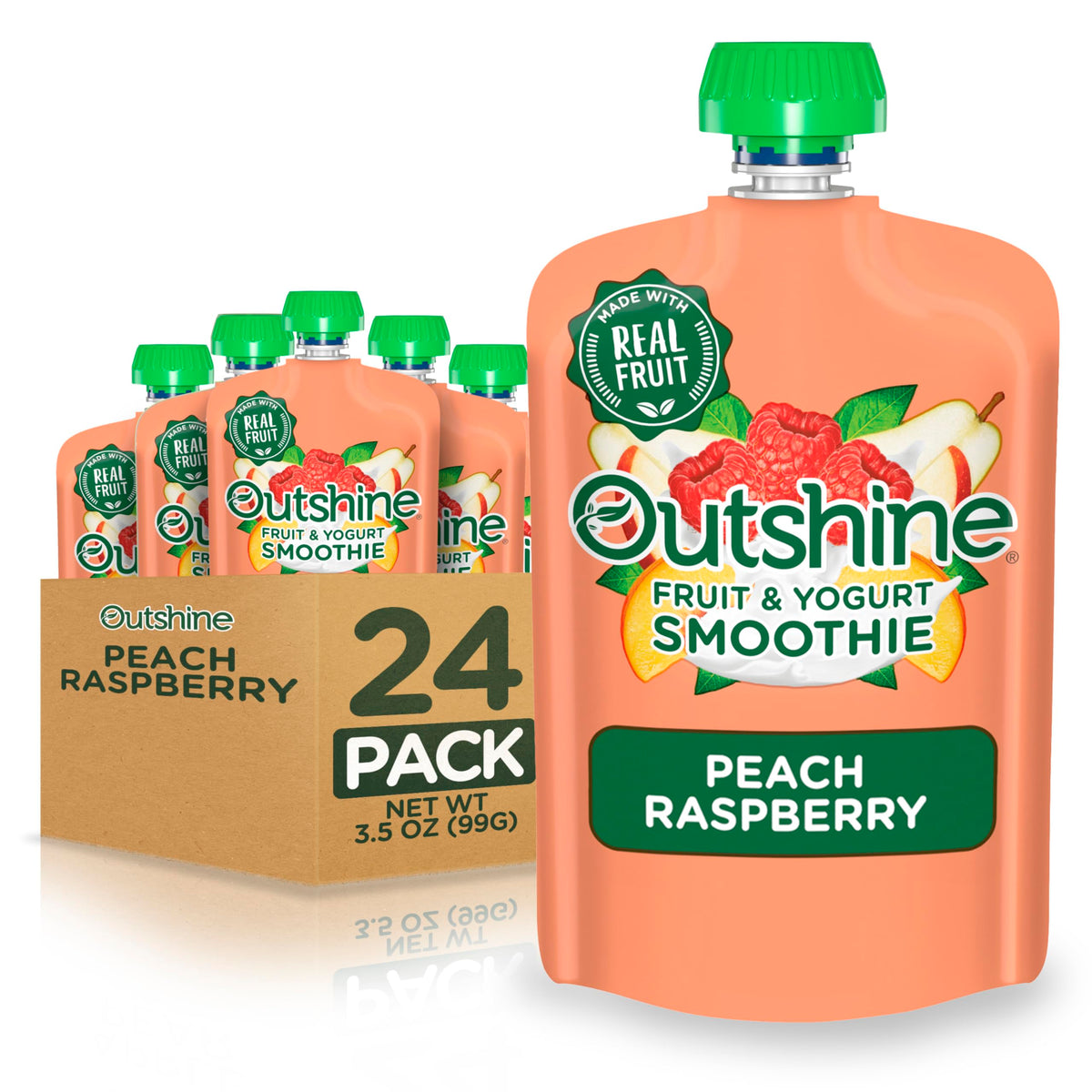 Outshine Raspberry Peach smoothie pouch on the go for a quick energy boost.