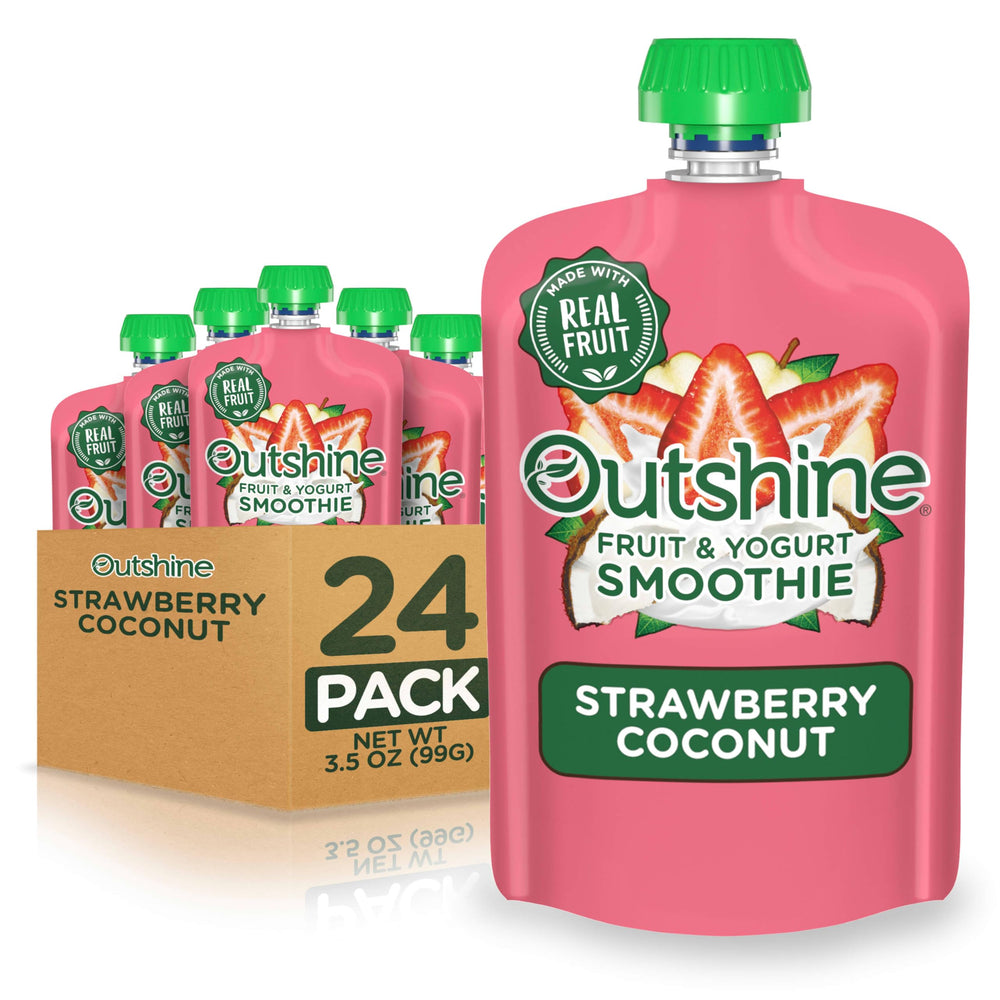 Outshine Strawberry Coconut pouch front; real fruit for a quick, on-the-go snack.