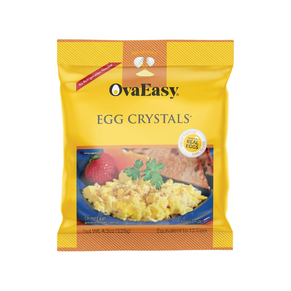 OvaEasy dehydrated egg crystals in a bag for quick outdoor breakfasts.