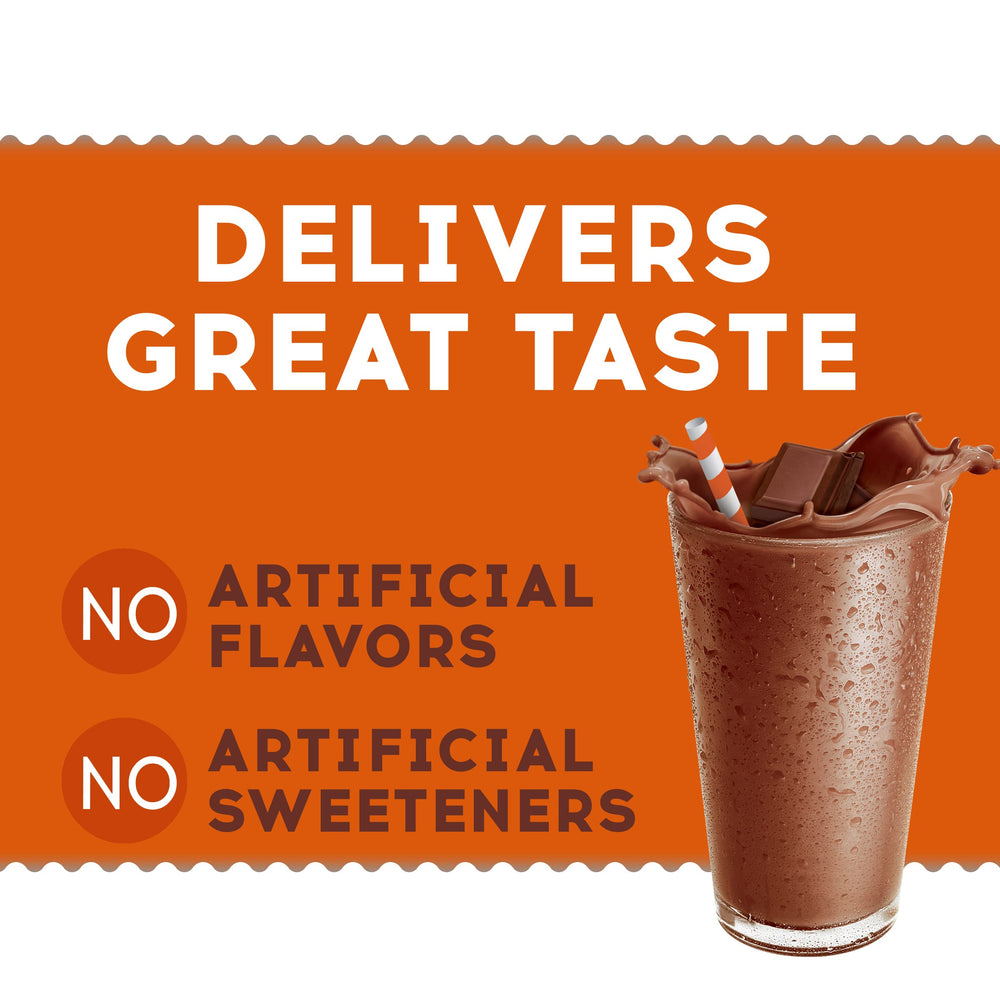 Ovaltine in almond milk glass, dairy-free chocolate option.