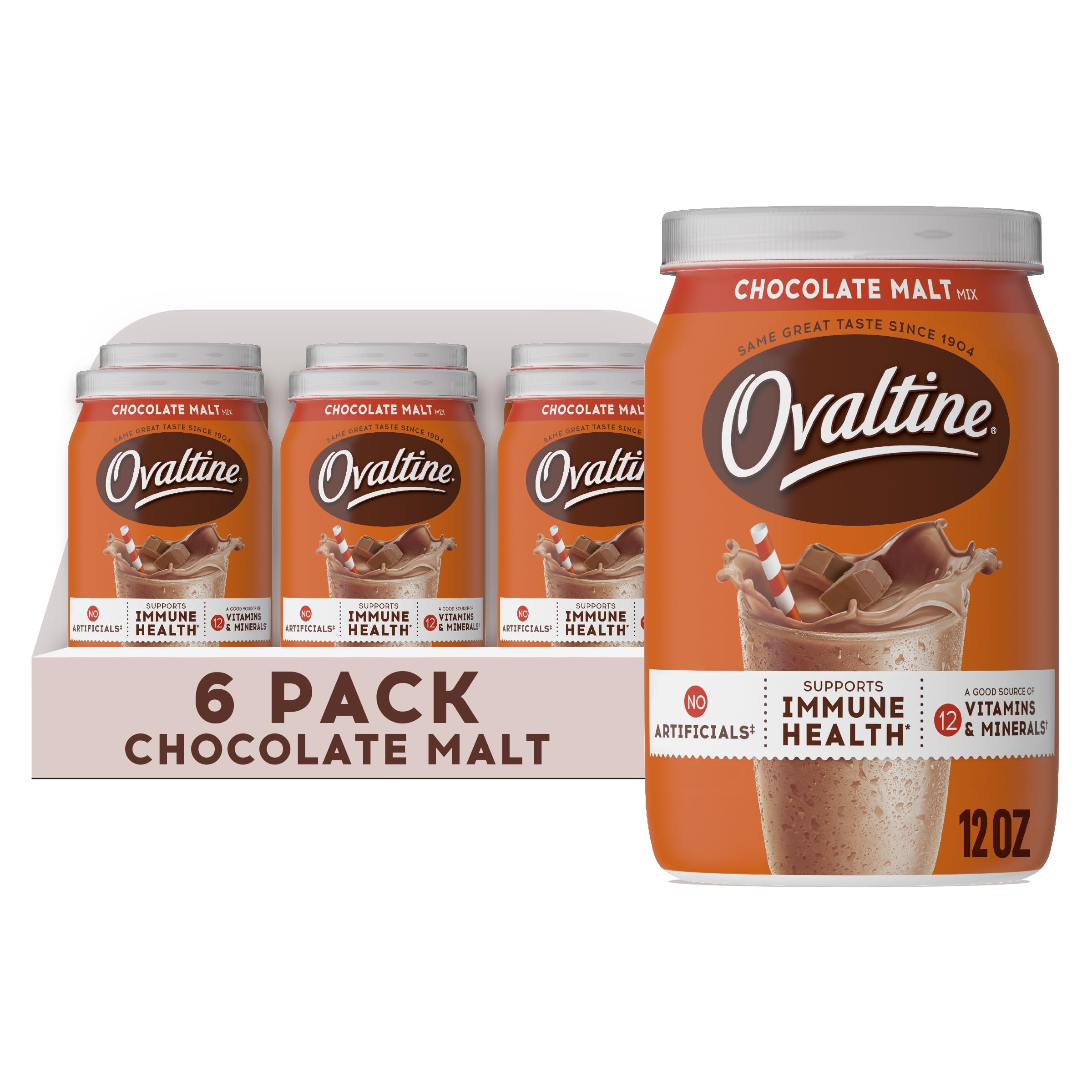 Ovaltine chocolate malt powder canister on shelf, tasty nutrition with vitamins.