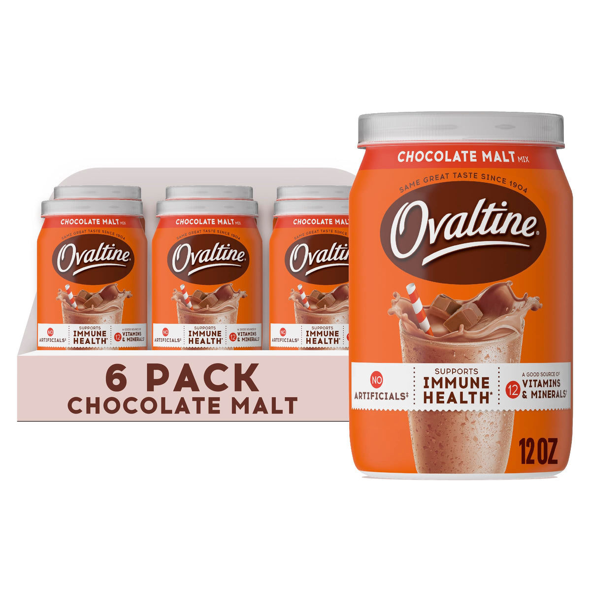 Ovaltine chocolate malt powder canister on shelf, tasty nutrition with vitamins.