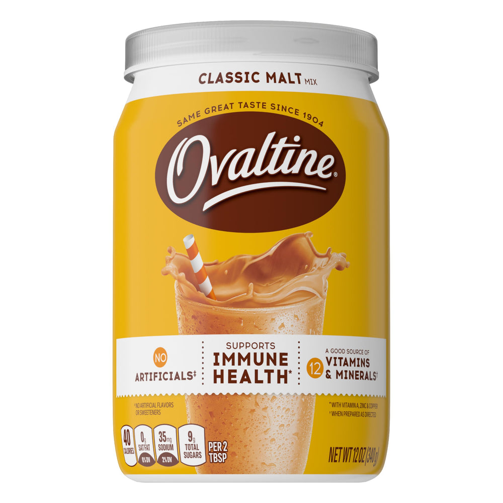 Ovaltine Classic Malt canister on shelf ready for family malt drinks.