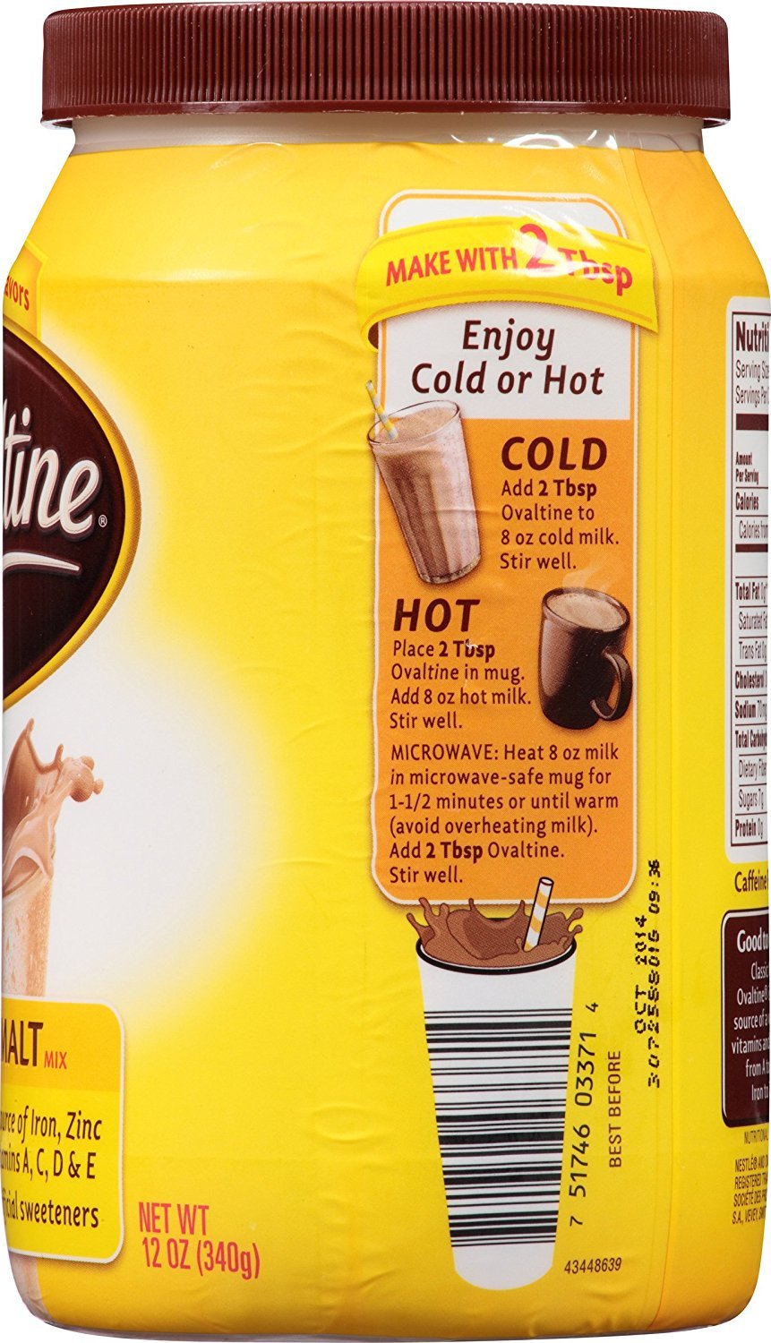 Ovaltine Classic Malt with vitamins and minerals per prepared serving.