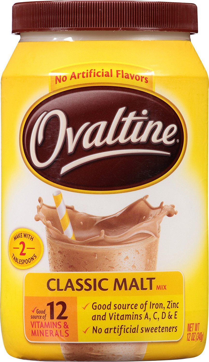 Ovaltine Classic Malt powder canisters in a six-pack, stored on a kitchen shelf.
