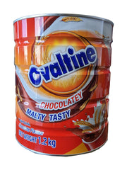 Ovaltine Malt Chocolate Beverage front view tin for quick breakfast indulgence.