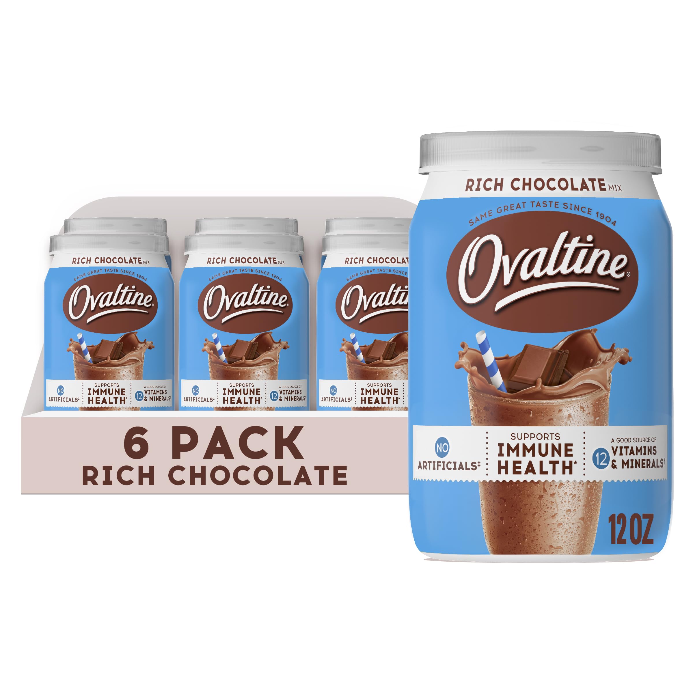Ovaltine Rich Chocolate front view of 12oz tub for family breakfasts