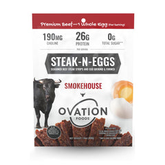 Ovation Foods Steak-N-Eggs Beef Strips in smoky packaging for a premium snack
