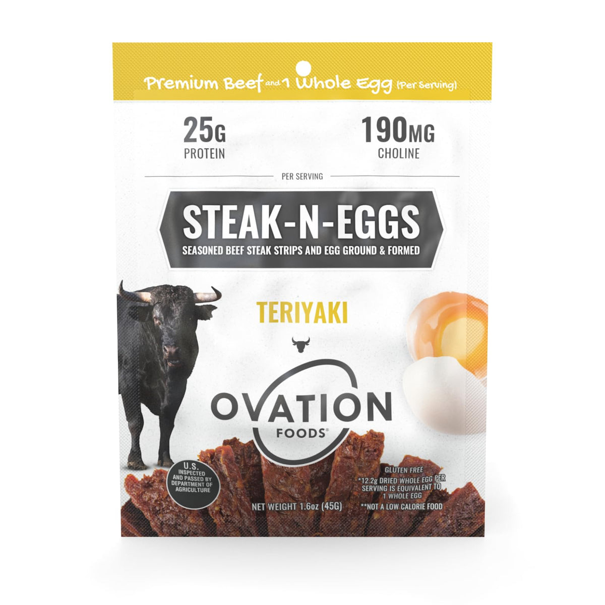 Ovation Foods Steak-N-Eggs Teriyaki jerky packshot highlights high-protein, zero-sugar snack.