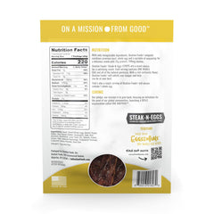 Ovation Foods steak-eggs jerky texture closeup shows tender beef and egg richness.