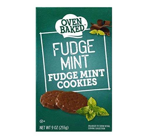 Oven Baked Fudge Mint Cookies pack shot showcases a full package of vanilla shortbread cookies with mint fudge