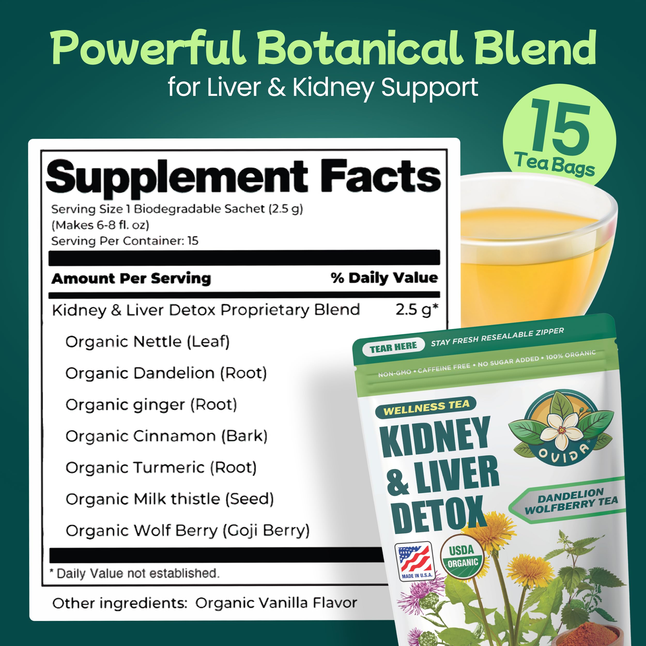 Close-up of dandelion, milk thistle, and goji berries in the blend.