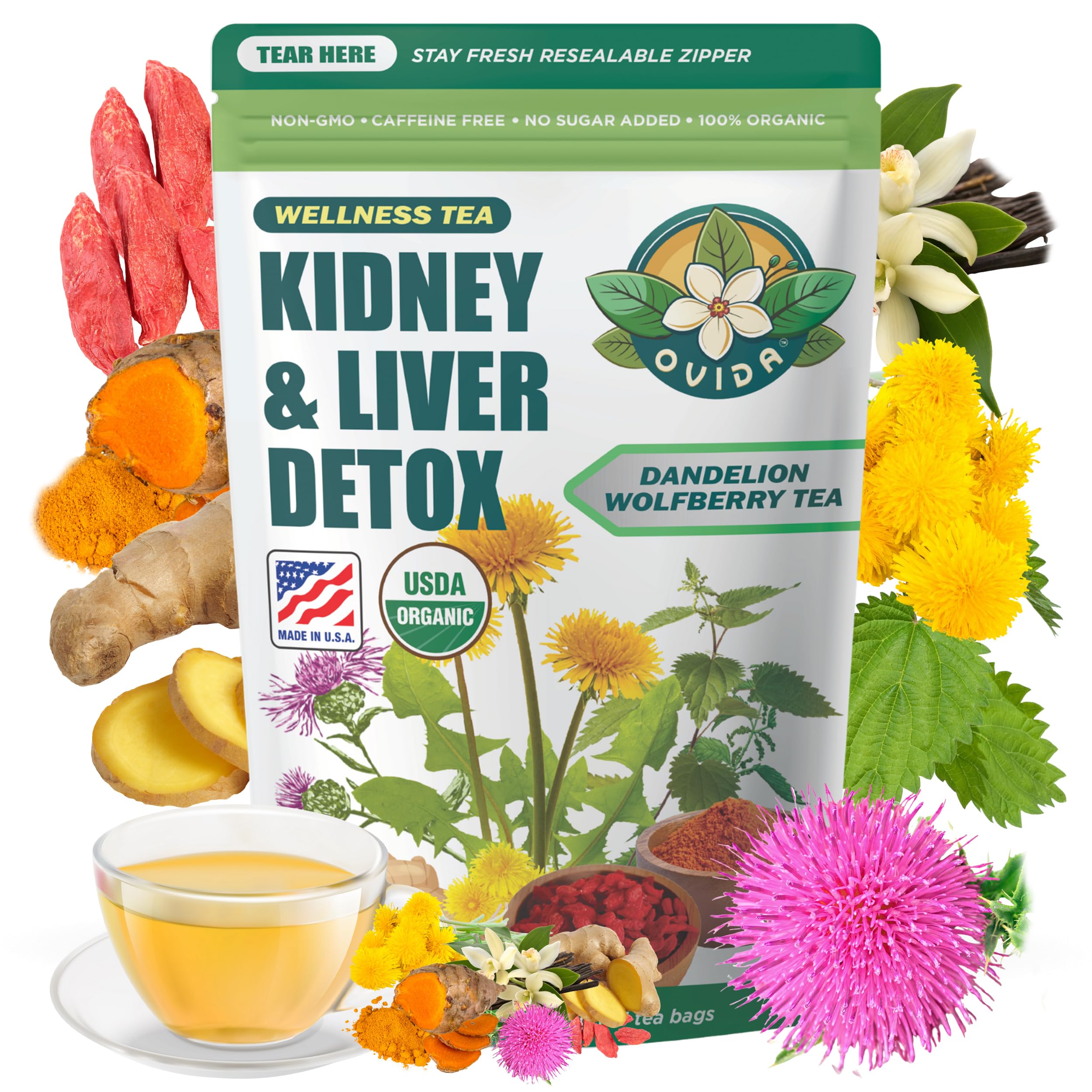 OVIDA Dandelion Wolfberry Tea package front for daily wellness.