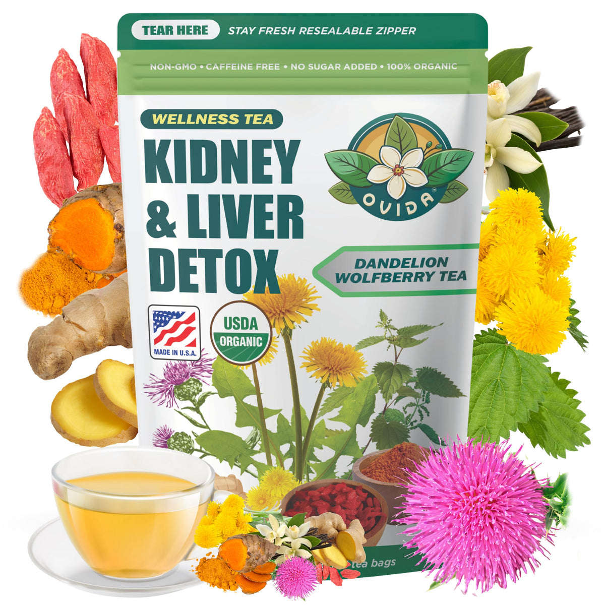 OVIDA Dandelion Wolfberry Tea package front for daily wellness.