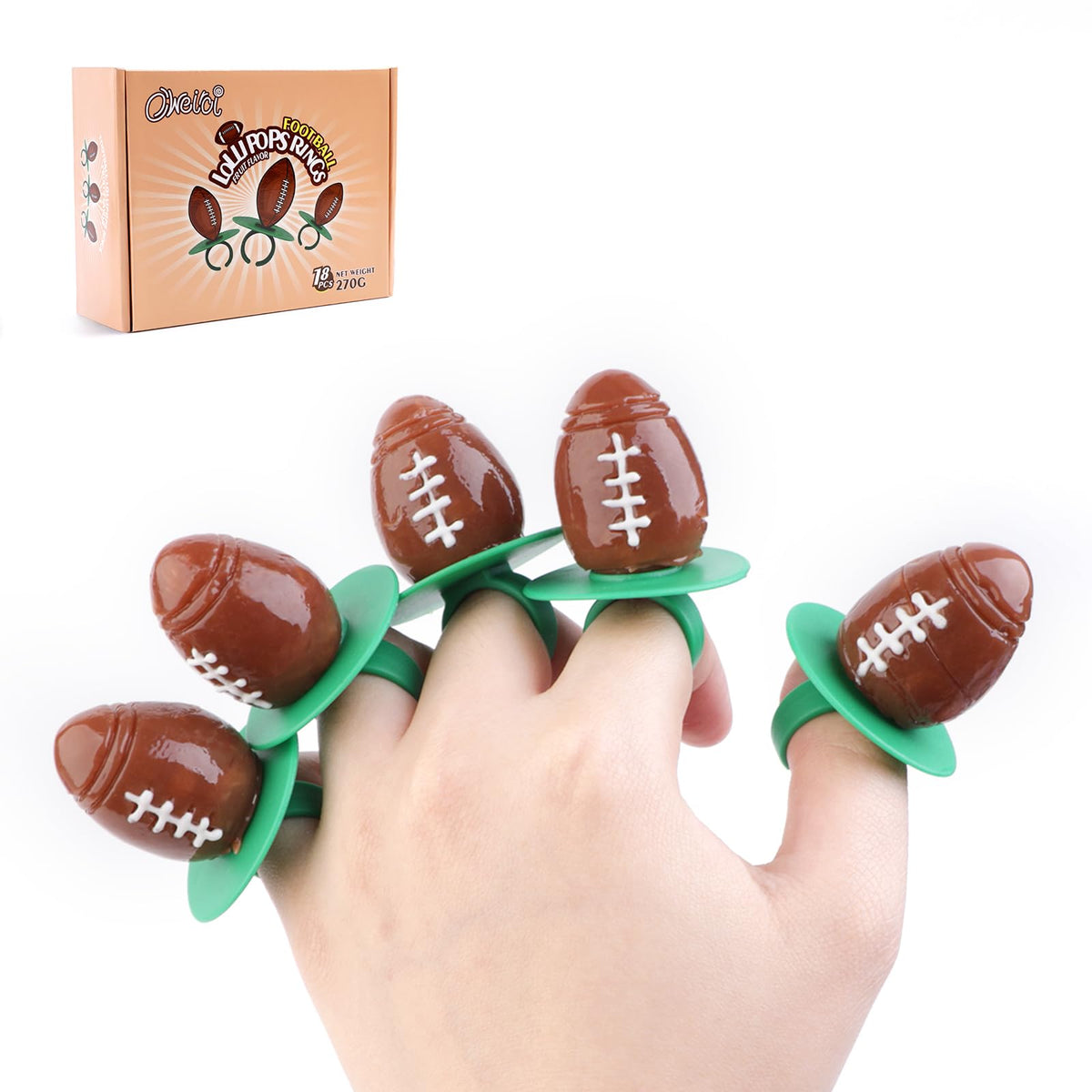 Oweiroi football ring lollipops in packaging highlight portability and freshness.