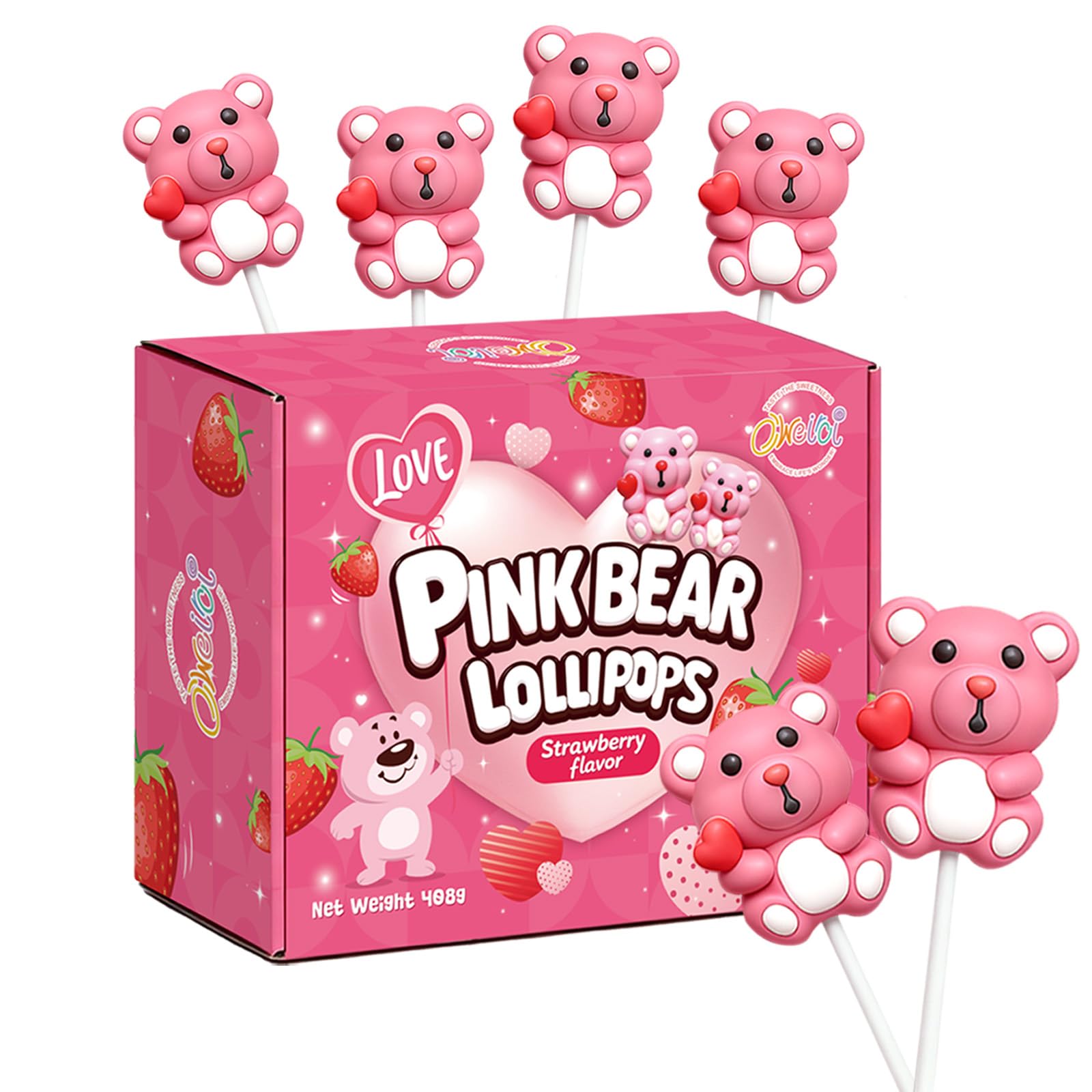 Oweiroi Valentines pink bear lollipop close-up, ideal for party favors.