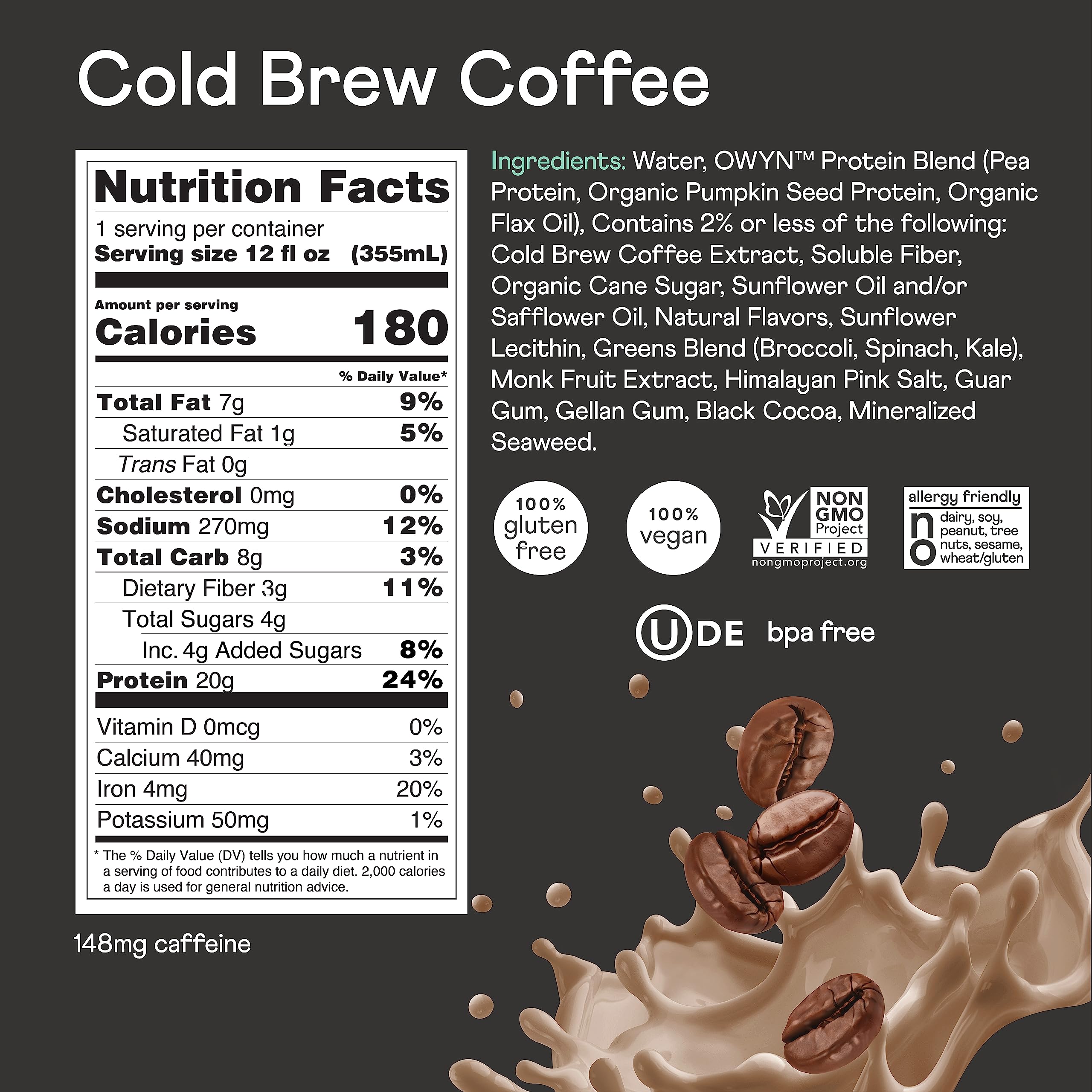 OWYN gluten-free, dairy-free, soy-free formula with non-GMO label.