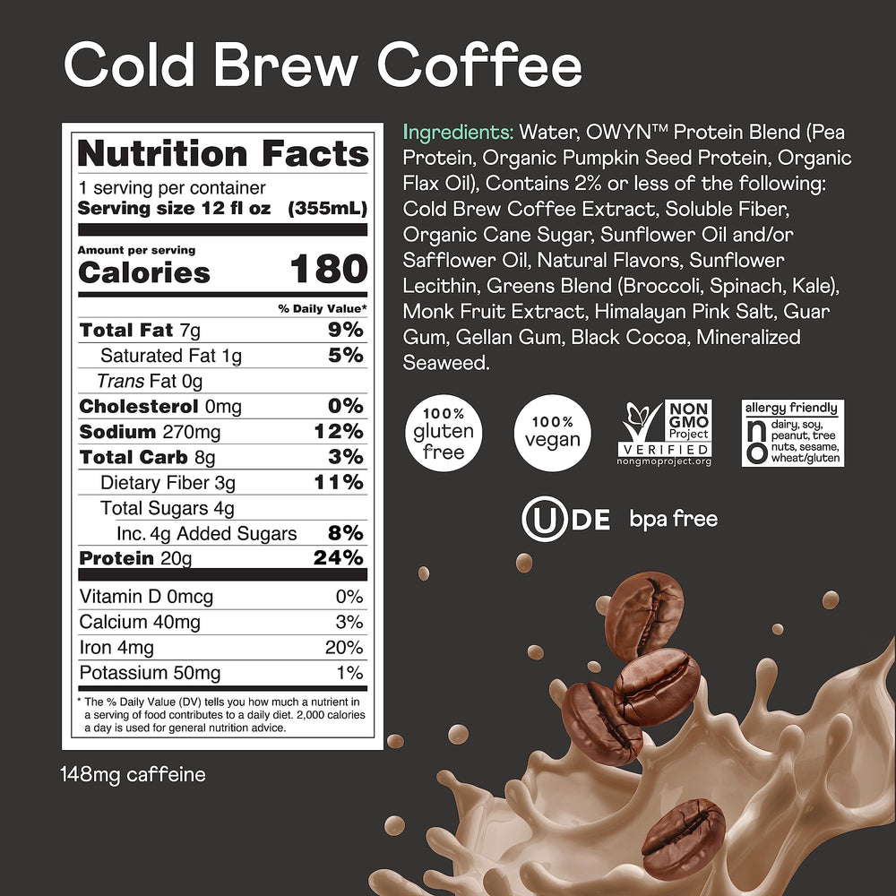 OWYN gluten-free, dairy-free, soy-free formula with non-GMO label.