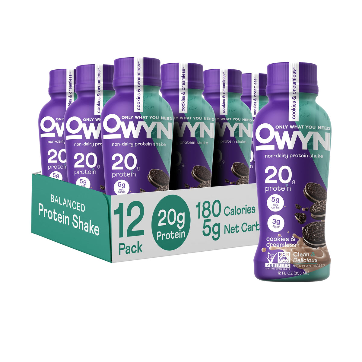 OWYN Cookies N Creamless bottle pour showcasing a dairy-free protein option for post-workout recovery.