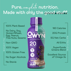 OWYN Cookies N Creamless ingredients spoon displaying greens and prebiotics for digestive support.