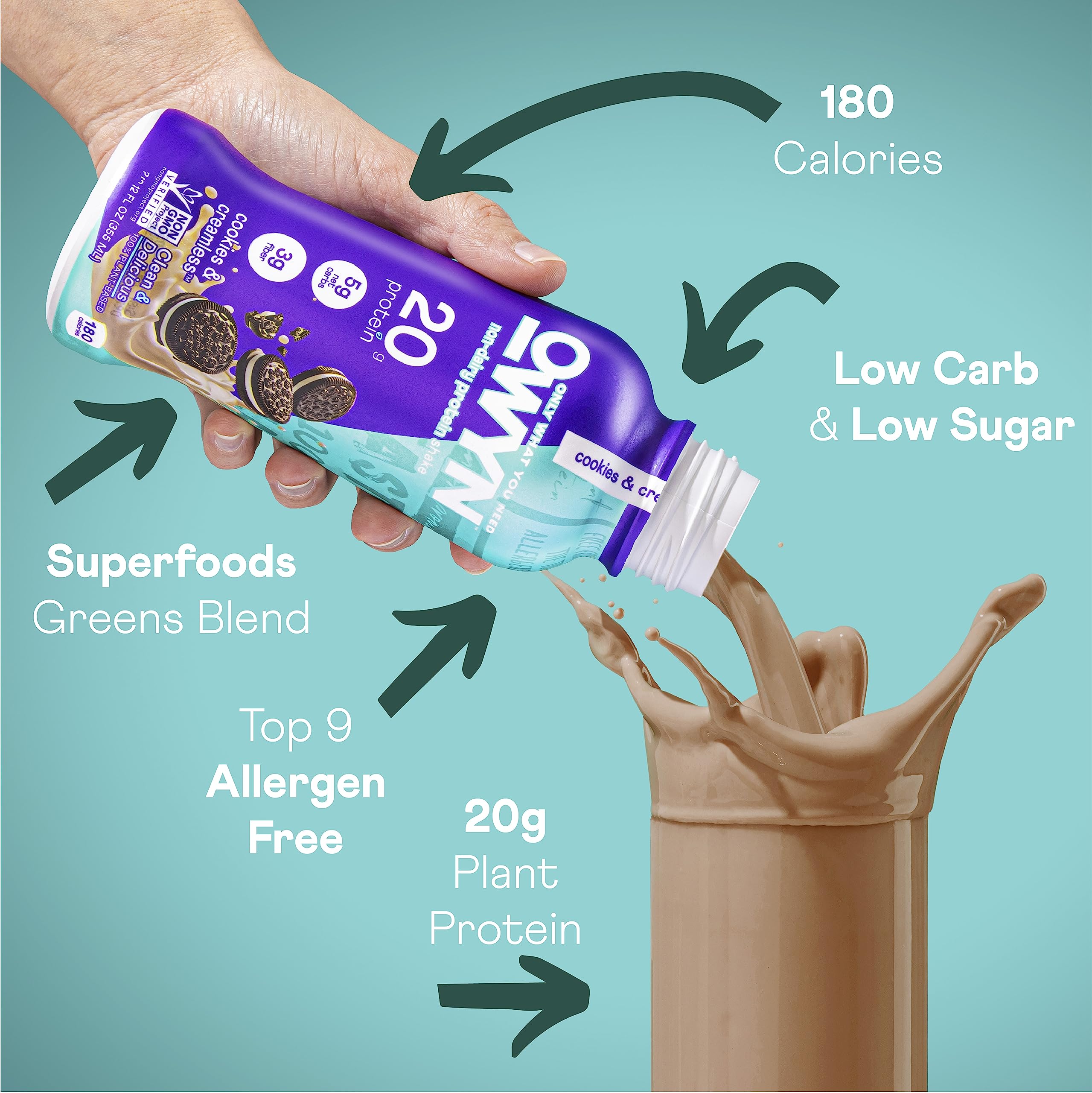 OWYN Cookies N Creamless label closeup highlighting vegan protein with essential amino acids.