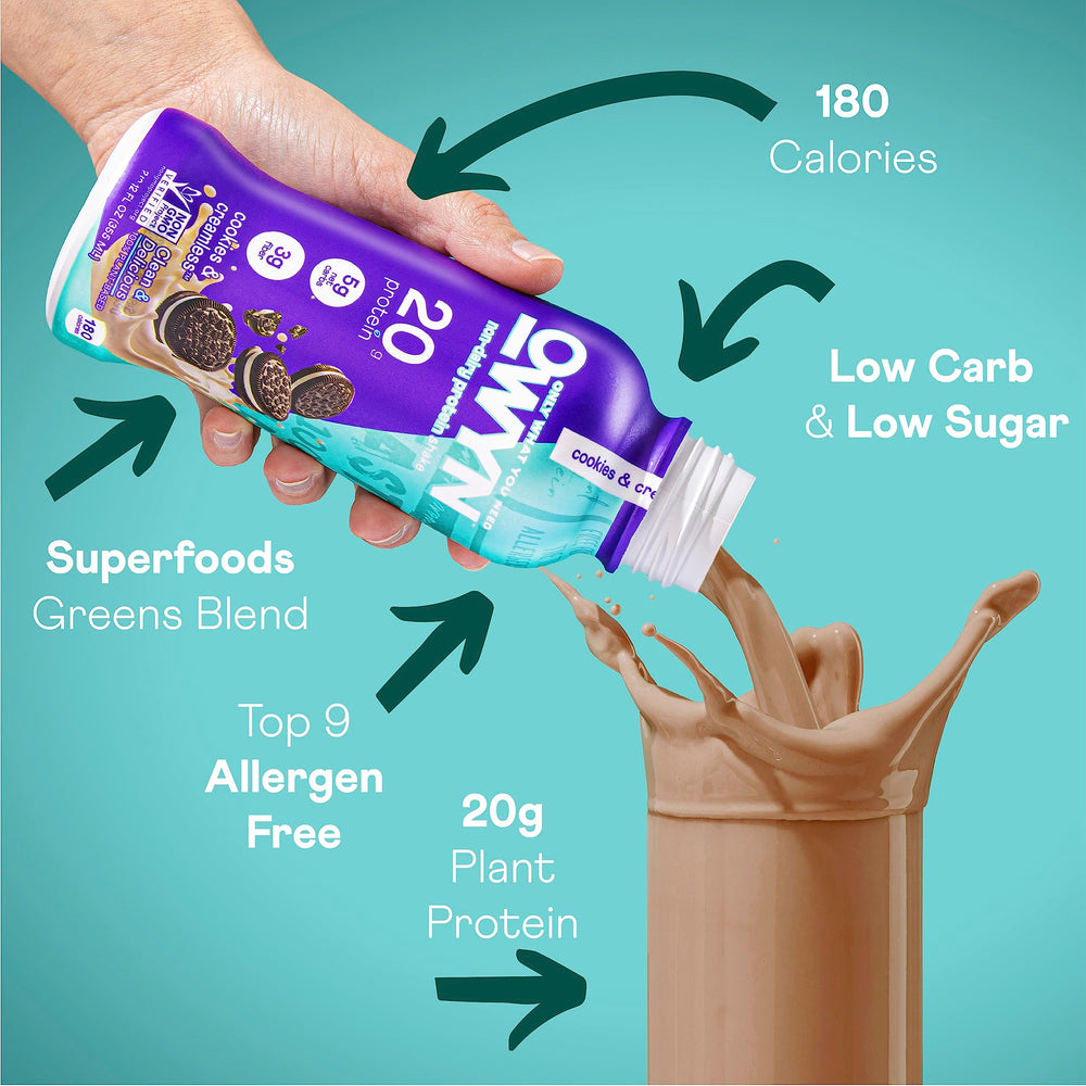 OWYN Cookies N Creamless label closeup highlighting vegan protein with essential amino acids.