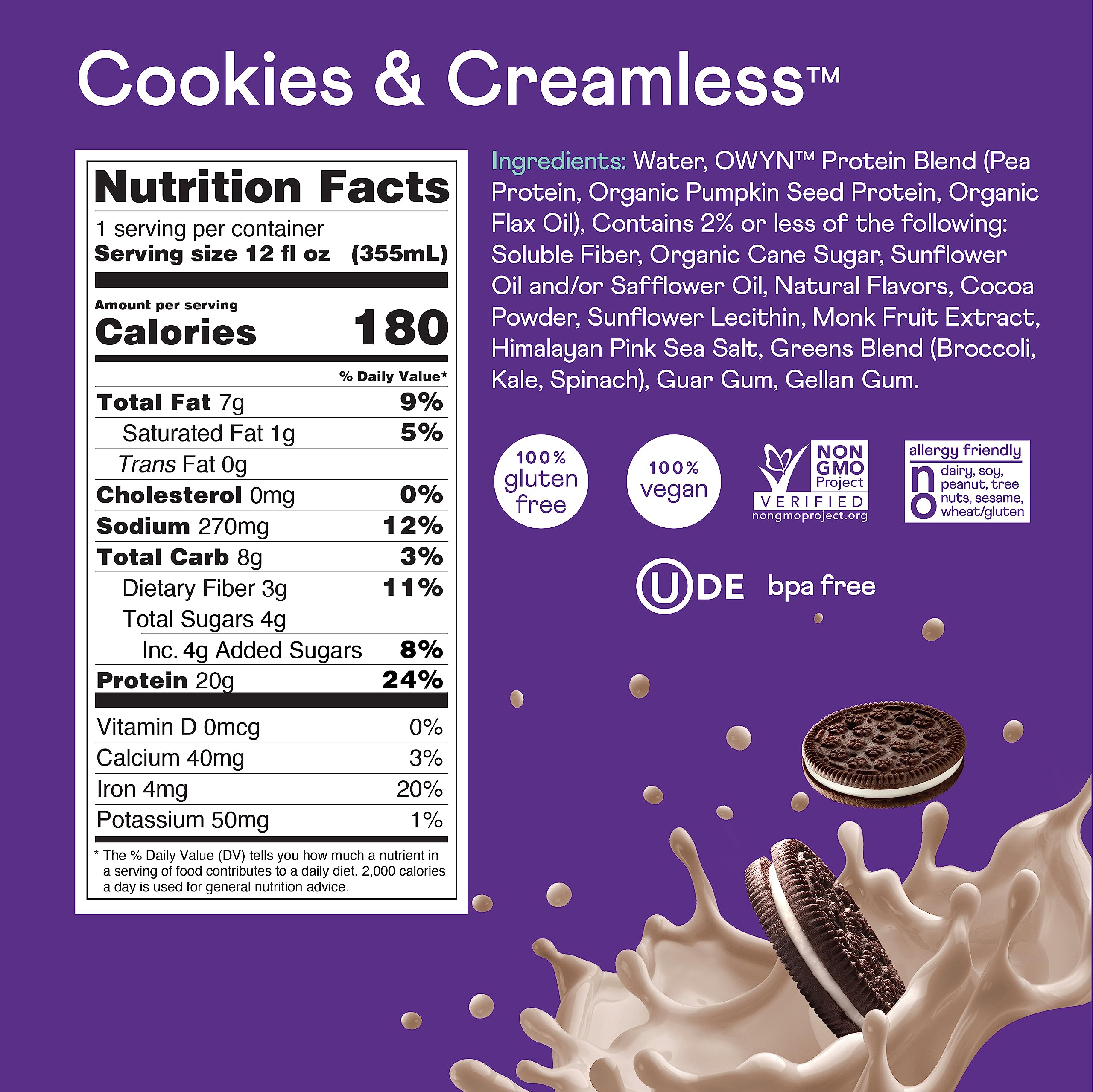 OWYN Cookies N Creamless serving glass featuring a ready-to-drink plant protein on the go.