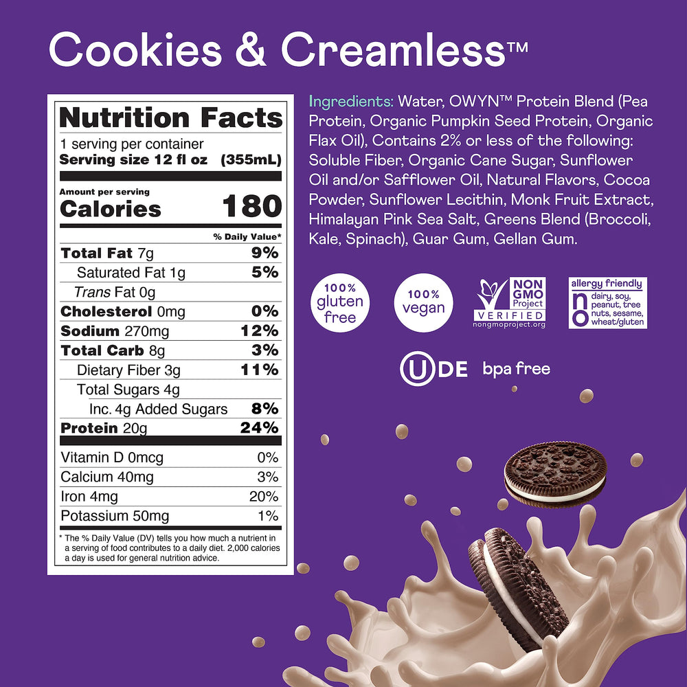 OWYN Cookies N Creamless serving glass featuring a ready-to-drink plant protein on the go.