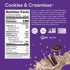 OWYN Cookies N Creamless serving glass featuring a ready-to-drink plant protein on the go.