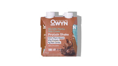 OWYN Dark Chocolate shake bottle pouring, a convenient energy-boosting option