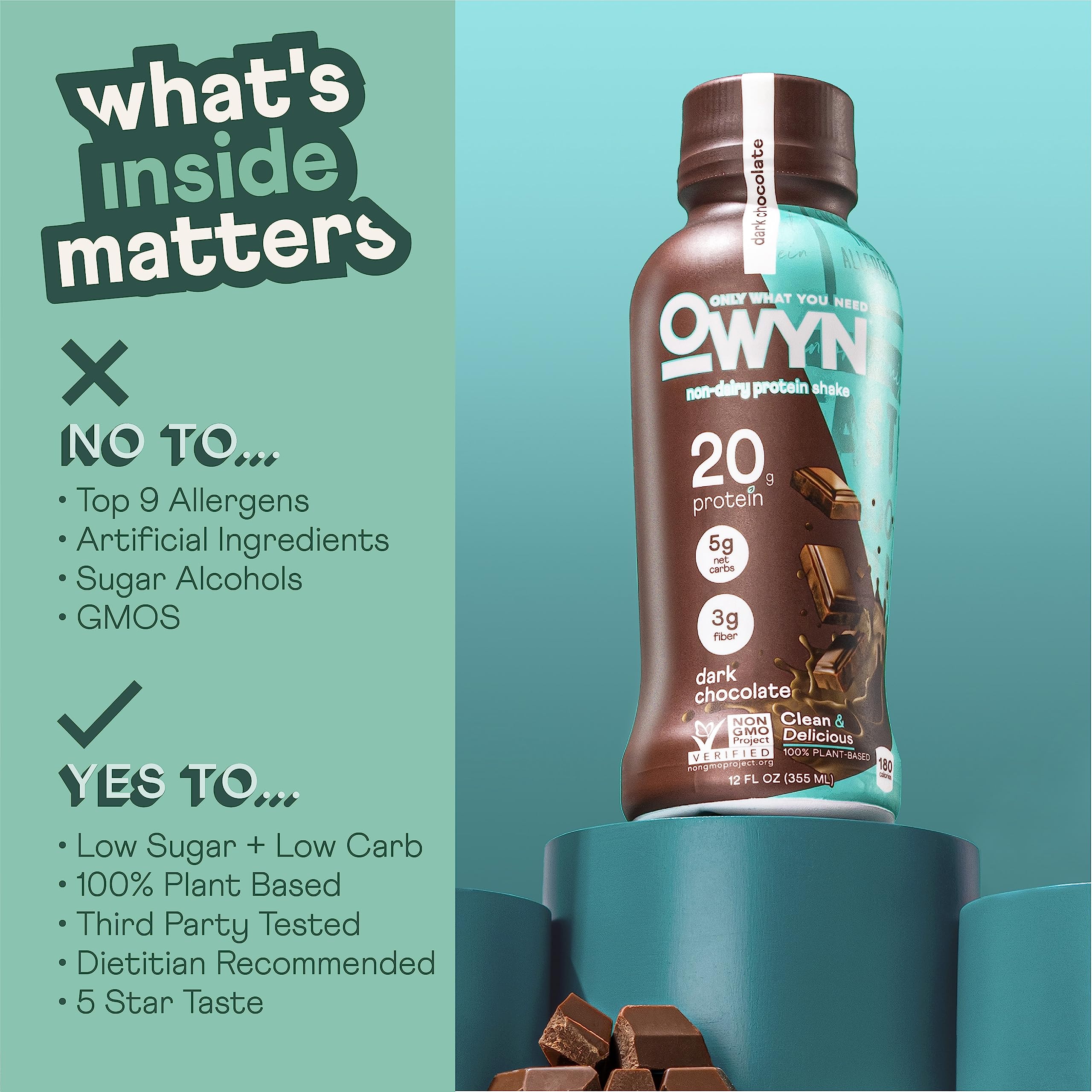 OWYN dark chocolate shake bottle showcases dairy-free formula for vegan lifestyles and on-the-go cravings