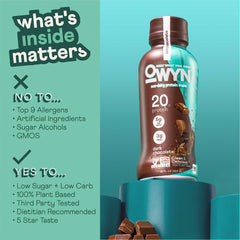 OWYN dark chocolate shake bottle showcases dairy-free formula for vegan lifestyles and on-the-go cravings