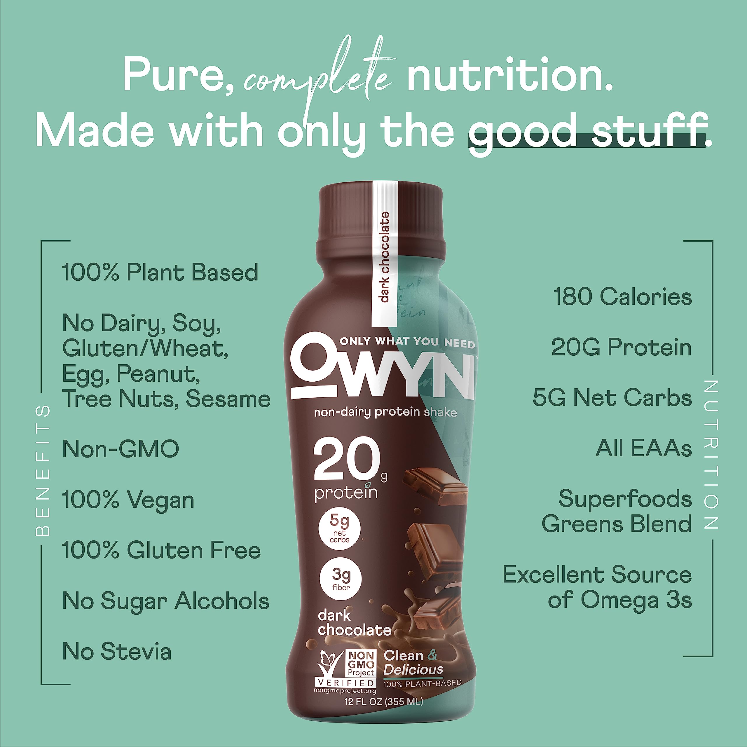 OWYN dark chocolate shake closeup foam emphasizes protein-rich goodness, suitable for athletes and busy days