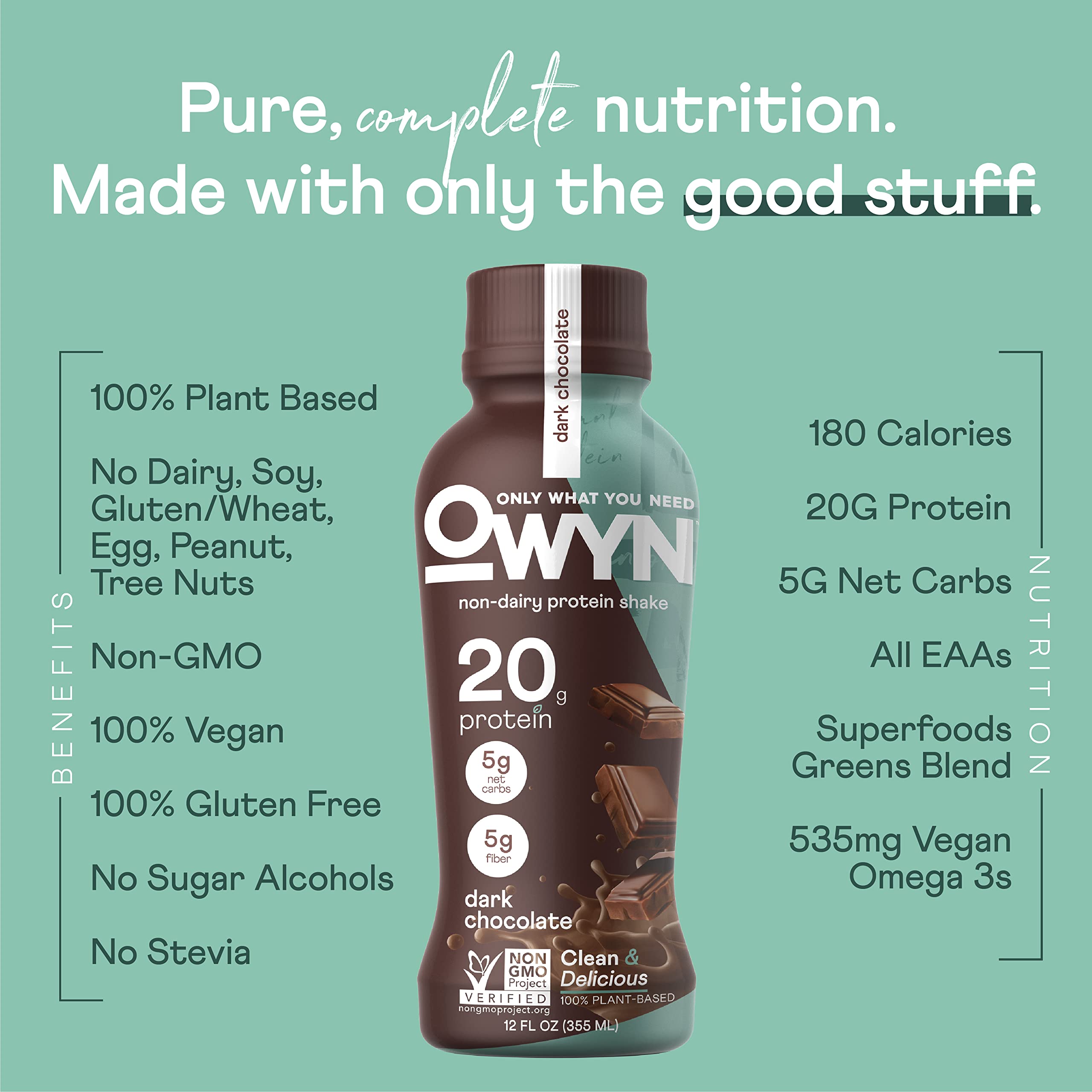 OWYN dark chocolate shake ingredients show plant-based blend ideal for clean energy on workouts