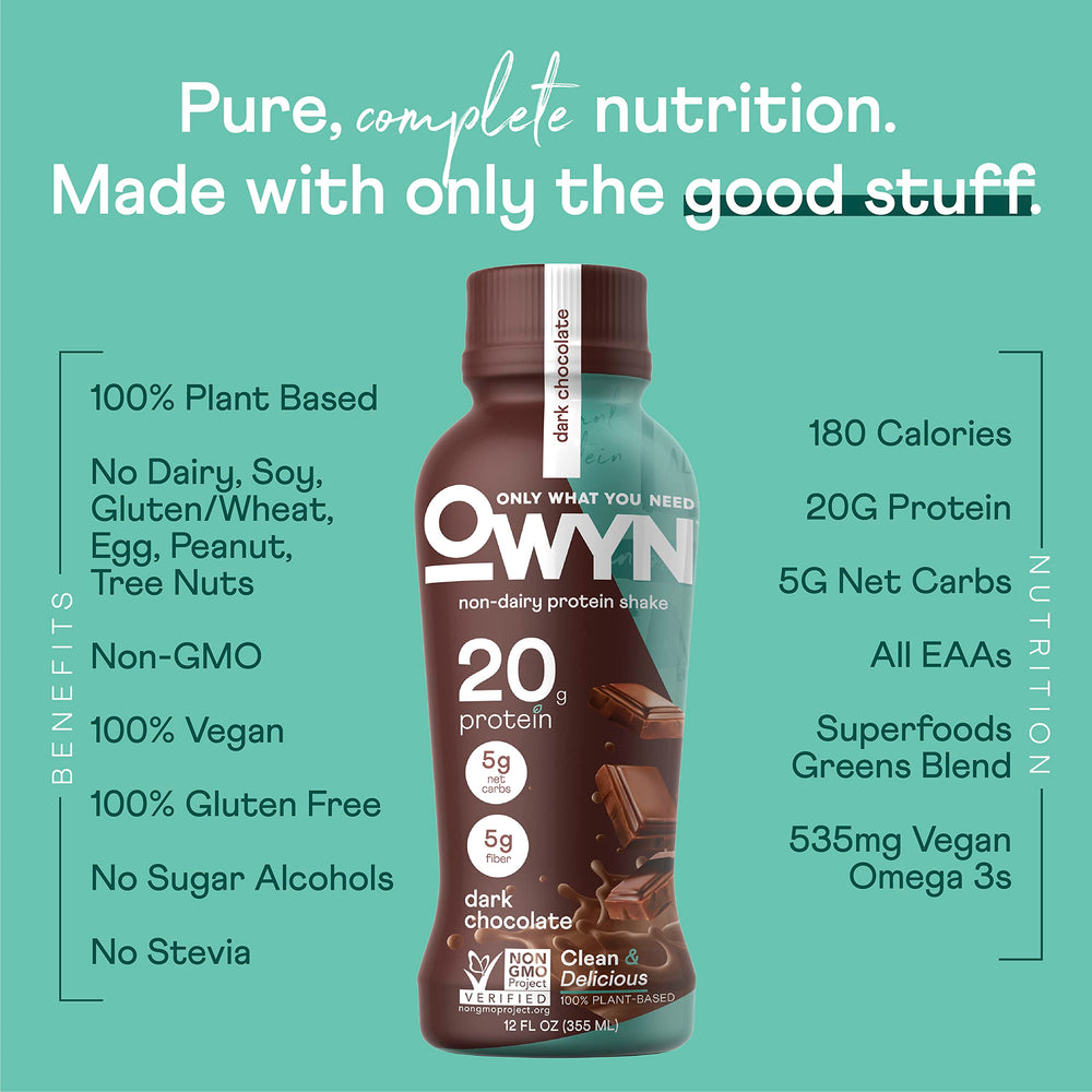OWYN dark chocolate shake ingredients show plant-based blend ideal for clean energy on workouts
