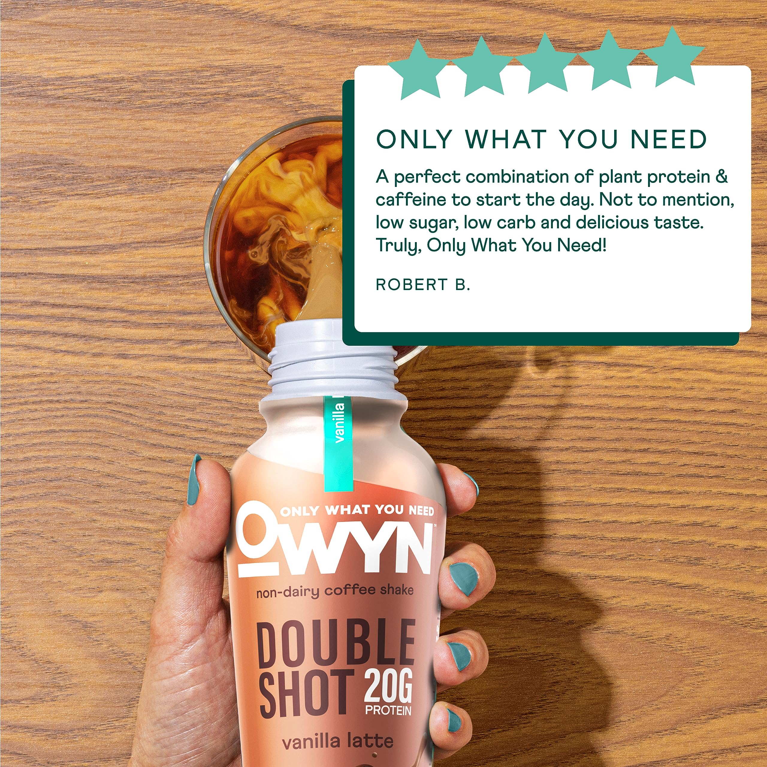 OWYN Double Shot Caramel Macchiato glass emphasizes caffeine boost and rich flavor