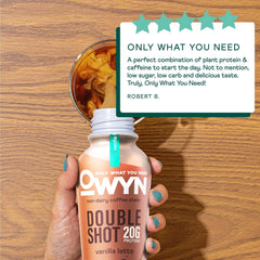 OWYN Double Shot Caramel Macchiato glass emphasizes caffeine boost and rich flavor