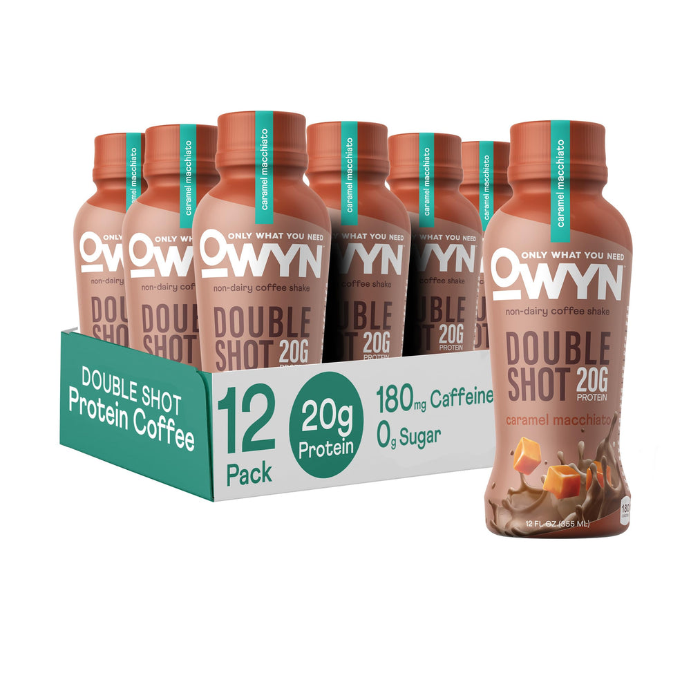 OWYN Double Shot bottle front highlights a dairy-free, plant-based protein shake for on-the-go fueling