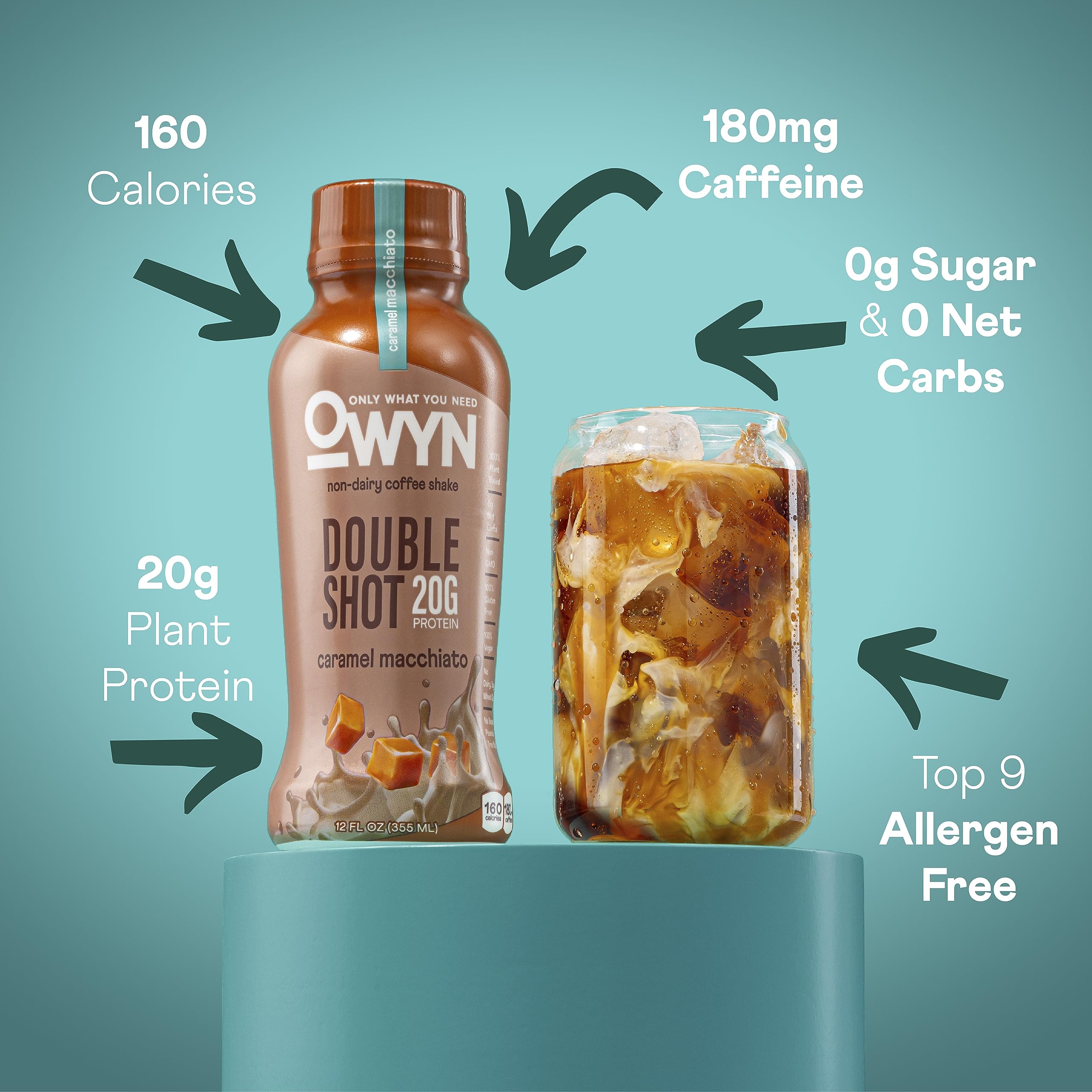 OWYN Double Shot pour into glass emphasizes caramel macchiato flavor and caffeine boost