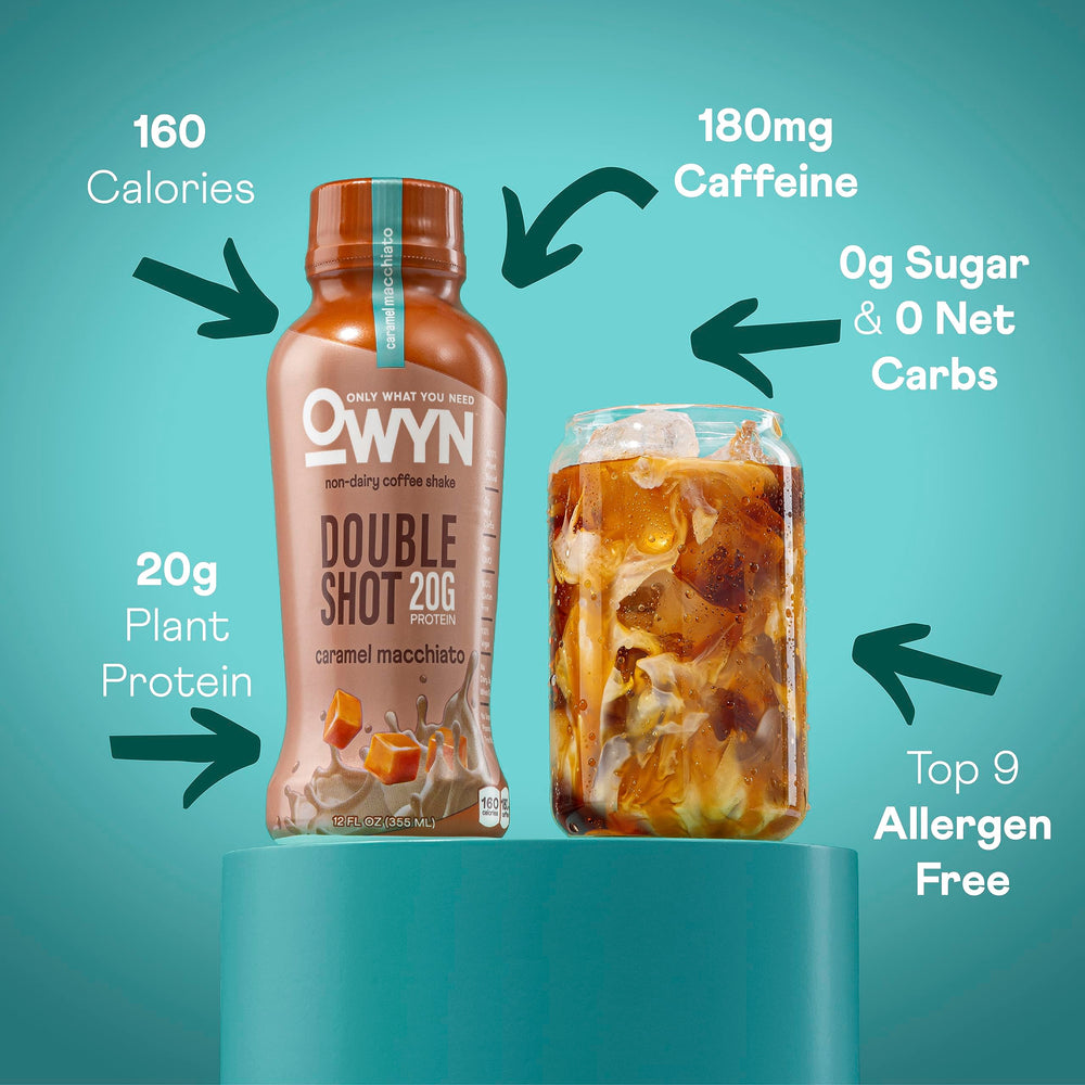 OWYN Double Shot pour into glass emphasizes caramel macchiato flavor and caffeine boost
