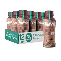 OWYN Double Shot Mocha Latte bottle showcases a dairy-free protein shake for on-the-go fueling.