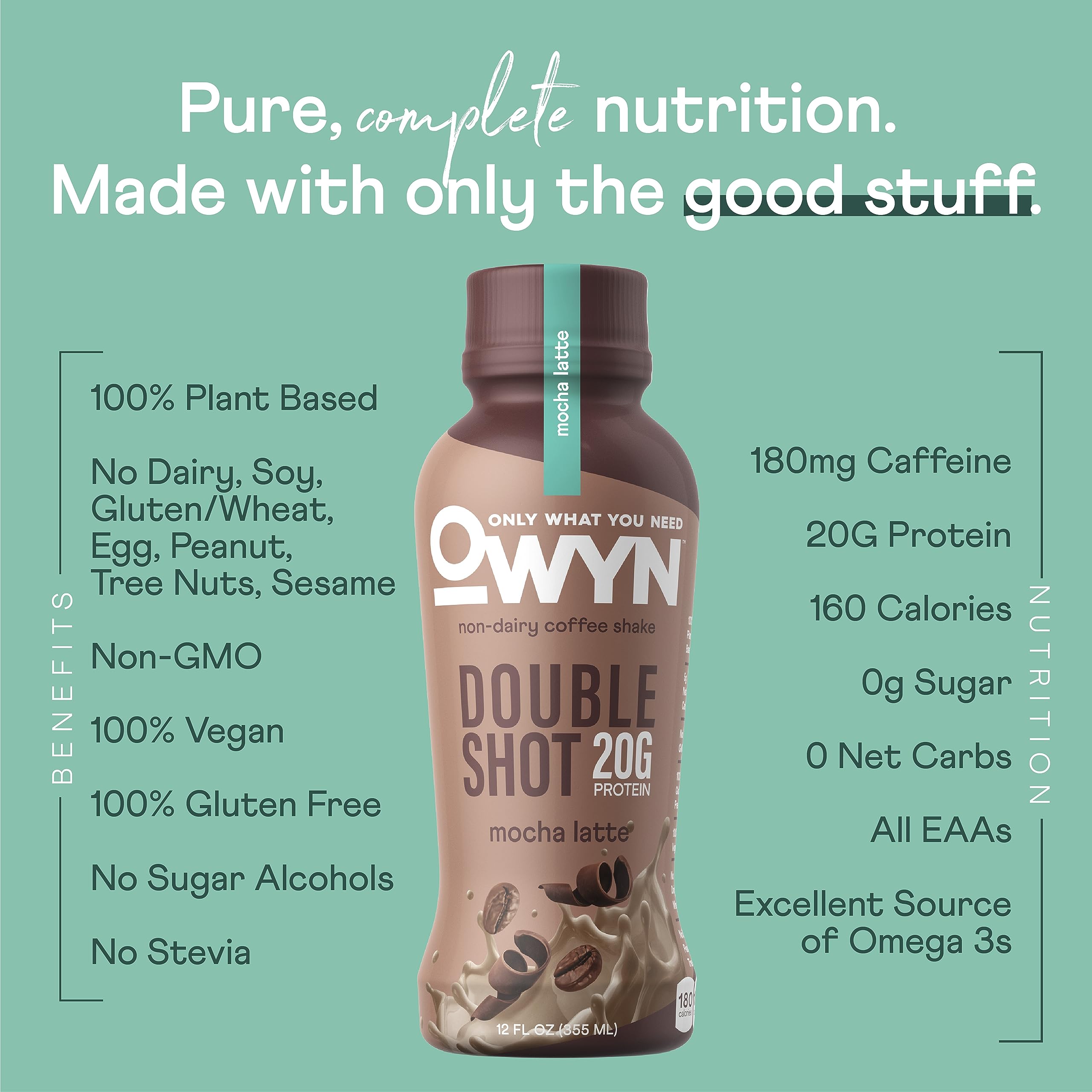 Pour of OWYN Double Shot Mocha Latte over ice, rich and smooth plant-based coffee shake.