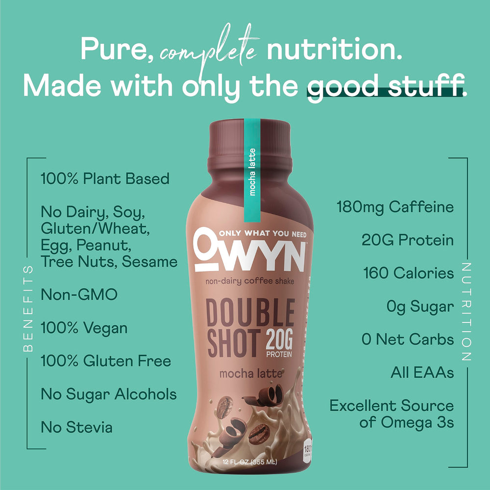 Pour of OWYN Double Shot Mocha Latte over ice, rich and smooth plant-based coffee shake.